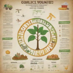 An informative and thematic poster illustrating the positive impact of genetic engineering on agriculture. Include DNA strands, healthy crops, farmers, and scientific equipment.