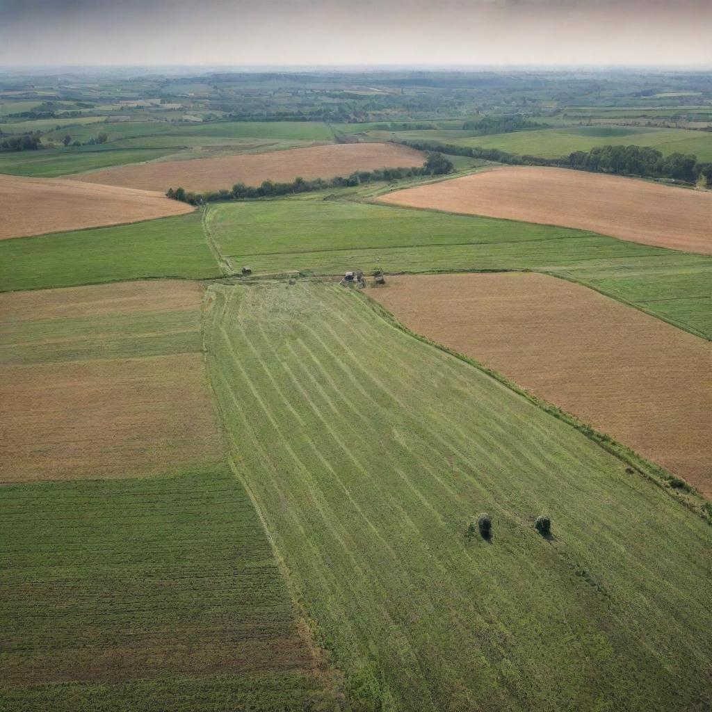 A juxtaposition of genetic codes and farming landscapes, representing genetic engineering in agriculture in a visually striking way