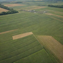 A juxtaposition of genetic codes and farming landscapes, representing genetic engineering in agriculture in a visually striking way