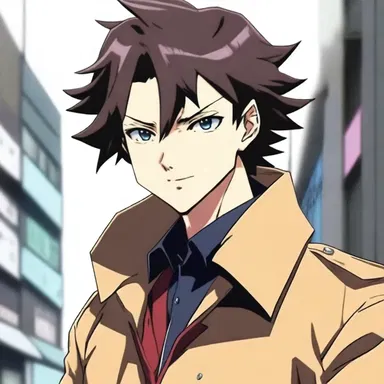 In the anime series, the protagonist always wears a distinctive lapel pin on his coat.