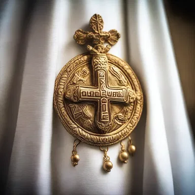 The lapel of the priest's robe was adorned with a sacred symbol, signifying his religious affiliation.