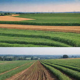 A juxtaposition of genetic codes and farming landscapes, representing genetic engineering in agriculture in a visually striking way