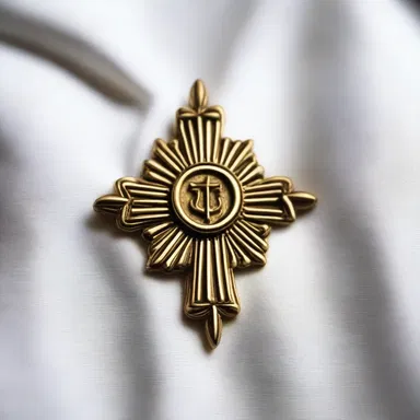 The lapel of the priest's robe was adorned with a sacred symbol, signifying his religious affiliation.