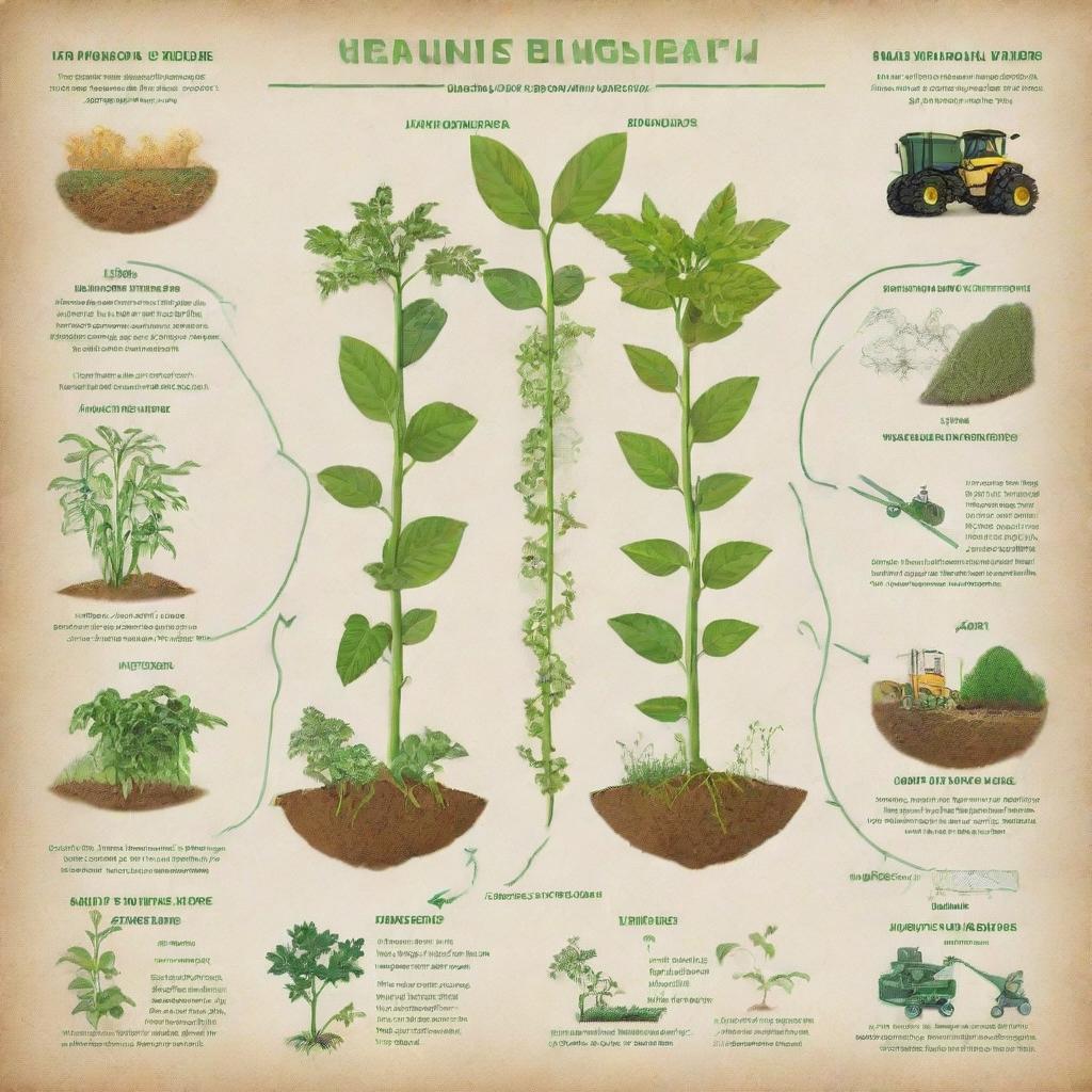 A poster illustrating the fundamental process of genetic engineering in agriculture. Combine images of DNA helix, plants, and farming tools with text, graphs, and diagrams to display its benefits.