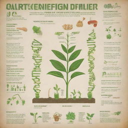 A poster illustrating the fundamental process of genetic engineering in agriculture. Combine images of DNA helix, plants, and farming tools with text, graphs, and diagrams to display its benefits.