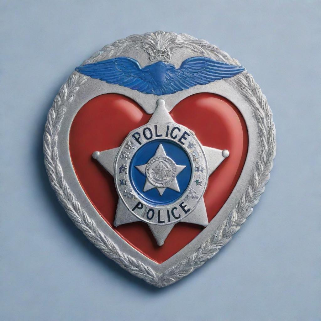 A heart symbol entwined with police-themed icons like a badge, a hat, and a siren. The palette is dominated by blues and reds, signifying courage and love, respectively.