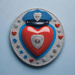 A heart symbol entwined with police-themed icons like a badge, a hat, and a siren. The palette is dominated by blues and reds, signifying courage and love, respectively.