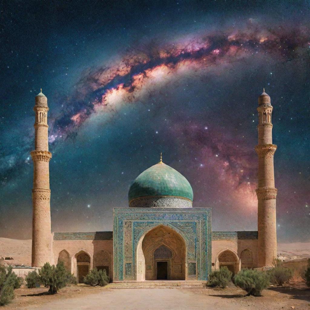 Iran geographical landscape with Persian architecture framed by a cosmic galaxy background.