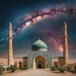 Iran geographical landscape with Persian architecture framed by a cosmic galaxy background.