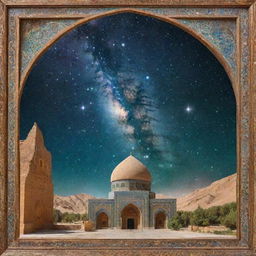 Iran geographical landscape with Persian architecture framed by a cosmic galaxy background.