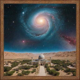 Iran geographical landscape with Persian architecture framed by a cosmic galaxy background.