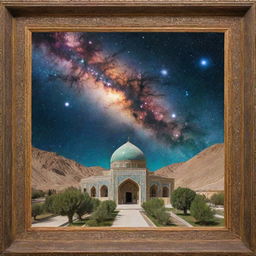 Iran geographical landscape with Persian architecture framed by a cosmic galaxy background.