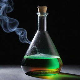 A detailed view of a smoking laboratory flask, filled with a vibrant and luminous substance