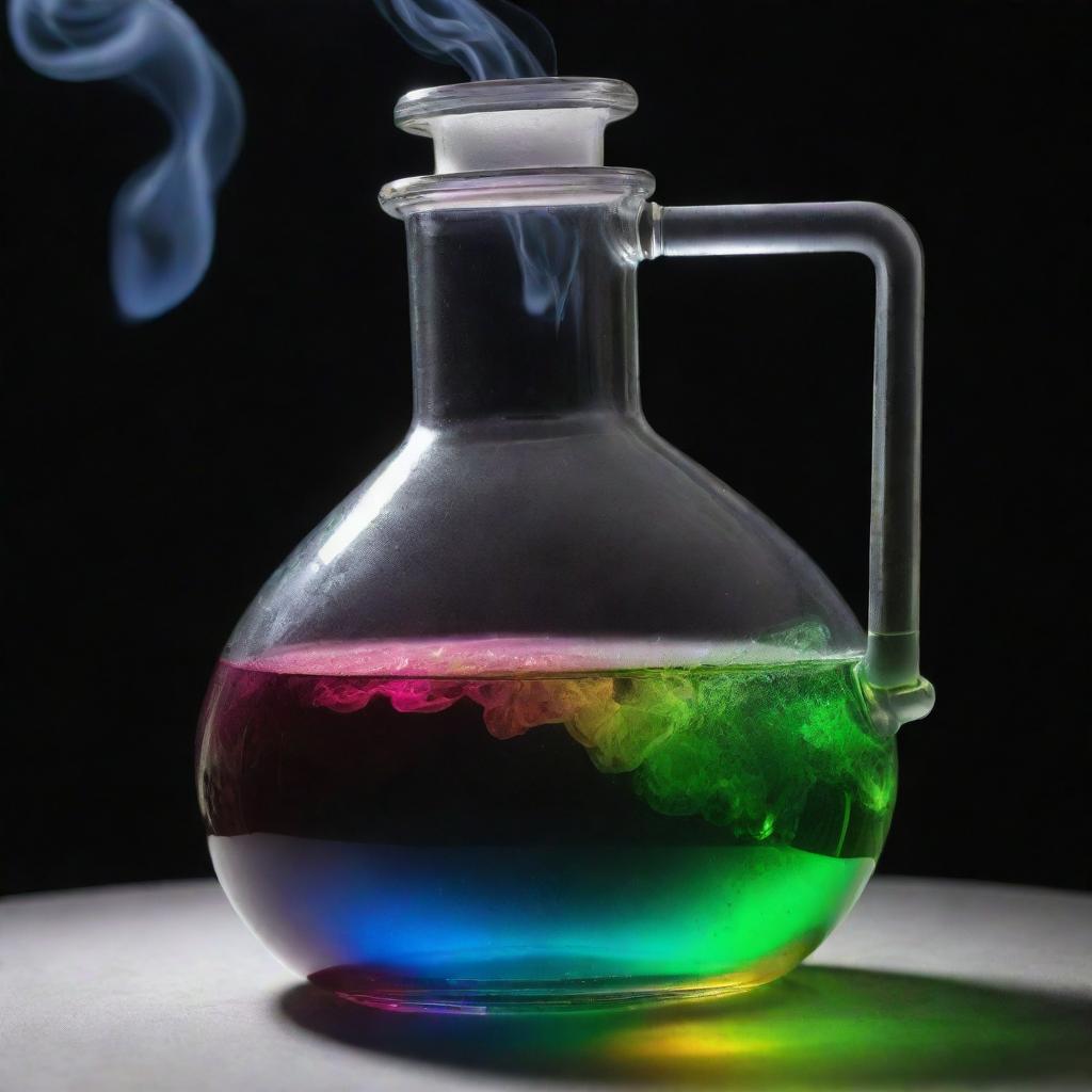 A detailed view of a smoking laboratory flask, filled with a vibrant and luminous substance