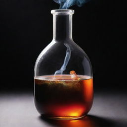 A detailed view of a smoking laboratory flask, filled with a vibrant and luminous substance