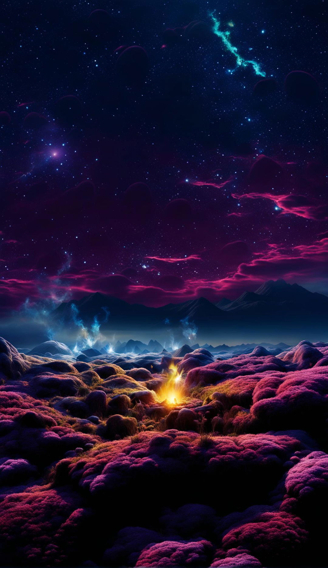 Alien planet with blue moss-covered hills under a colorful sky, lit by a campfire at the edge of the frame.