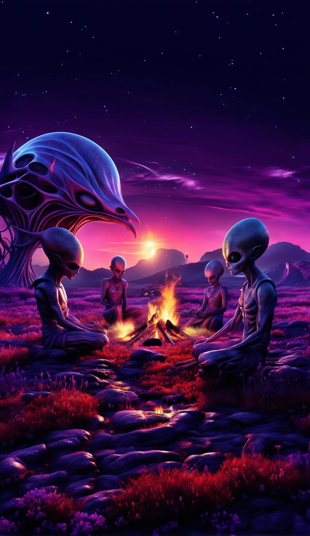 Aliens gathered around a campfire on an alien planet with purple grass at sunset.