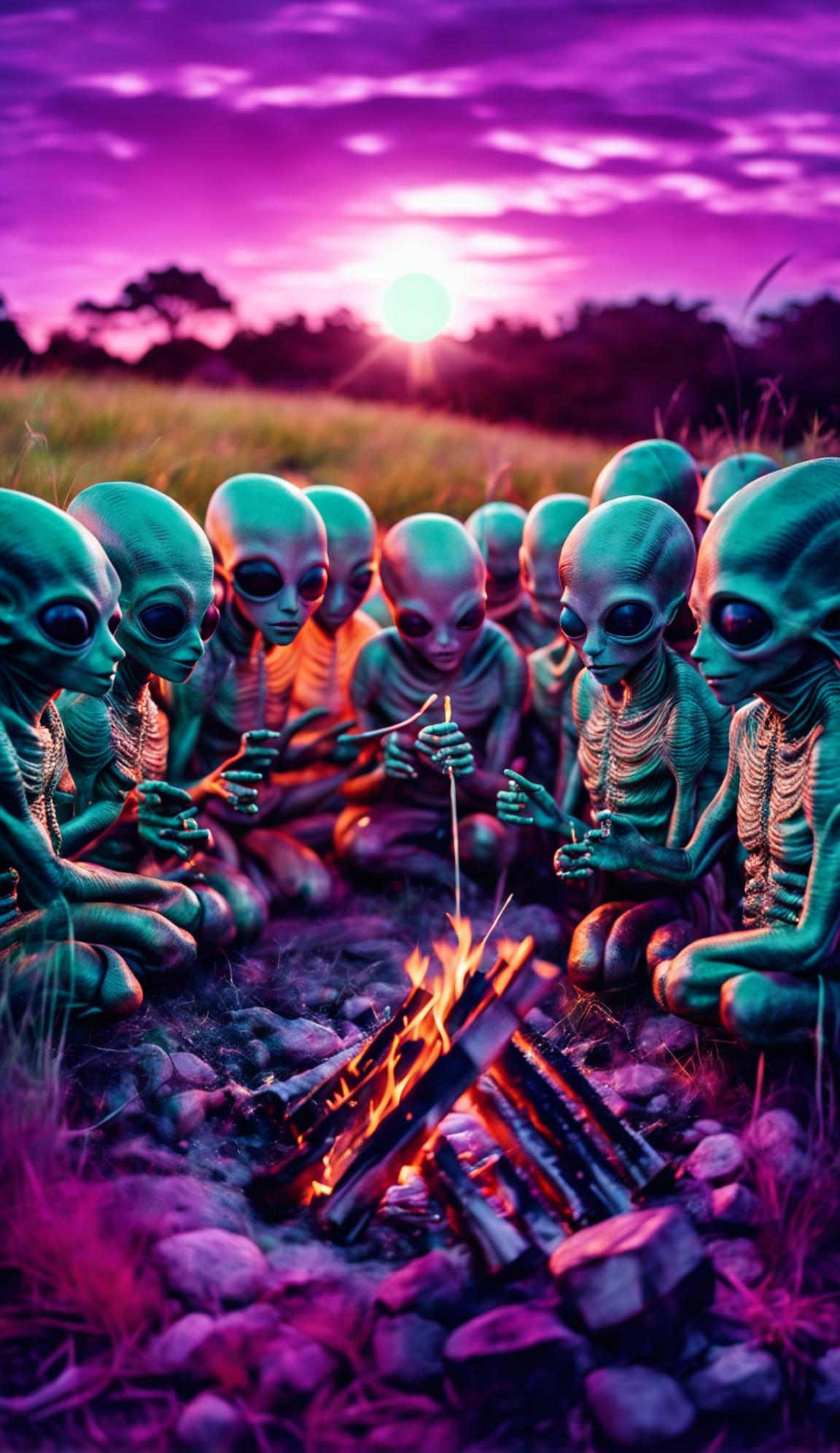 Aliens enjoying themselves around a campfire on an alien planet, roasting green spherical marshmallows on sticks amidst purple grass at sunset.