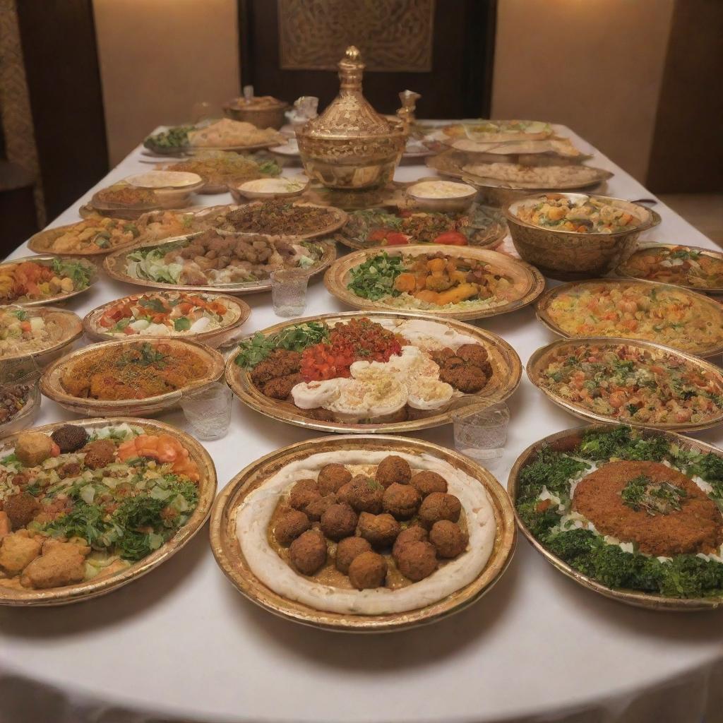 A traditional Arabic buffet filled with a variety of dishes such as hummus, falafel, and tabbouleh, set in an opulent Arabian dining atmosphere.