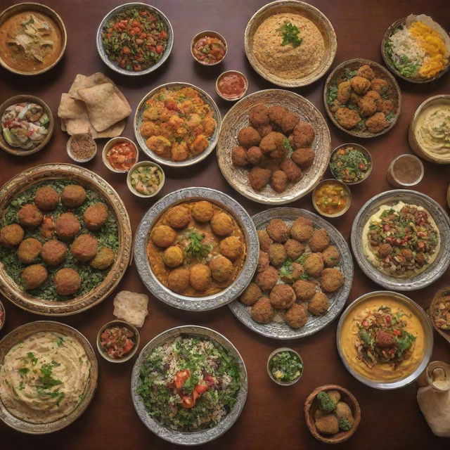 A traditional Arabic buffet filled with a variety of dishes such as hummus, falafel, and tabbouleh, set in an opulent Arabian dining atmosphere.