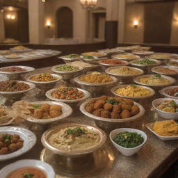 A traditional Arabic buffet filled with a variety of dishes such as hummus, falafel, and tabbouleh, set in an opulent Arabian dining atmosphere.