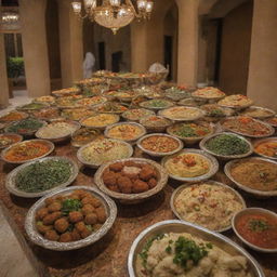 A traditional Arabic buffet filled with a variety of dishes such as hummus, falafel, and tabbouleh, set in an opulent Arabian dining atmosphere.