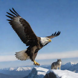 A powerful eagle soaring high in the sky, and a majestic wolf prowling on the ground below