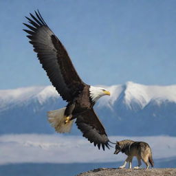 A powerful eagle soaring high in the sky, and a majestic wolf prowling on the ground below