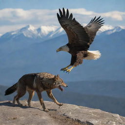 A powerful eagle soaring high in the sky, and a majestic wolf prowling on the ground below