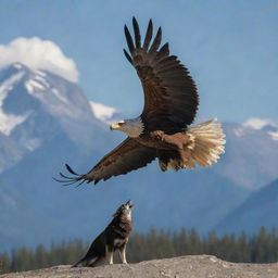 A powerful eagle soaring high in the sky, and a majestic wolf prowling on the ground below