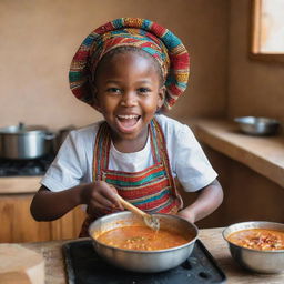 A vibrant image of a five-year-old African girl joyfully cooking traditional African soup in a rustic kitchen, dressed in culturally appropriate attire.