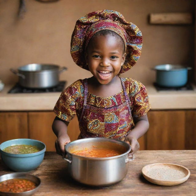 A vibrant image of a five-year-old African girl joyfully cooking traditional African soup in a rustic kitchen, dressed in culturally appropriate attire.