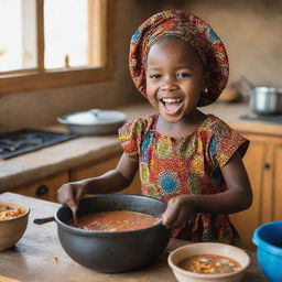 A vibrant image of a five-year-old African girl joyfully cooking traditional African soup in a rustic kitchen, dressed in culturally appropriate attire.