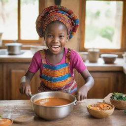 A vibrant image of a five-year-old African girl joyfully cooking traditional African soup in a rustic kitchen, dressed in culturally appropriate attire.