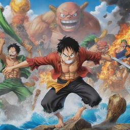 A vibrant, action-packed scene inspired by the anime One Piece, showcasing main characters like Luffy, Roronoa Zoro, and Nami.