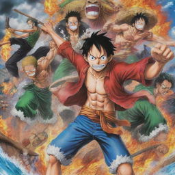 A vibrant, action-packed scene inspired by the anime One Piece, showcasing main characters like Luffy, Roronoa Zoro, and Nami.