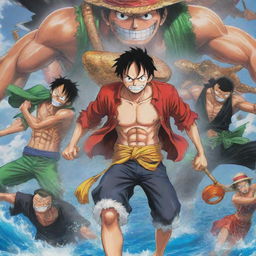 A vibrant, action-packed scene inspired by the anime One Piece, showcasing main characters like Luffy, Roronoa Zoro, and Nami.