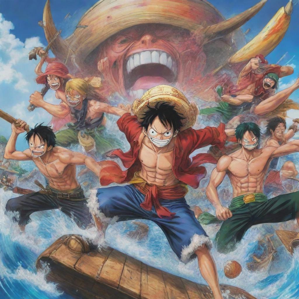 A vibrant, action-packed scene inspired by the anime One Piece, showcasing main characters like Luffy, Roronoa Zoro, and Nami.