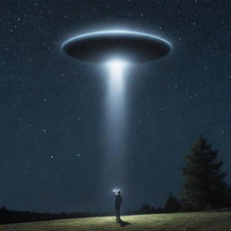 A detailed depiction of a UFO emitting a beam of light that is lifting a startled human off the ground against a starry night sky.