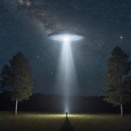 A detailed depiction of a UFO emitting a beam of light that is lifting a startled human off the ground against a starry night sky.