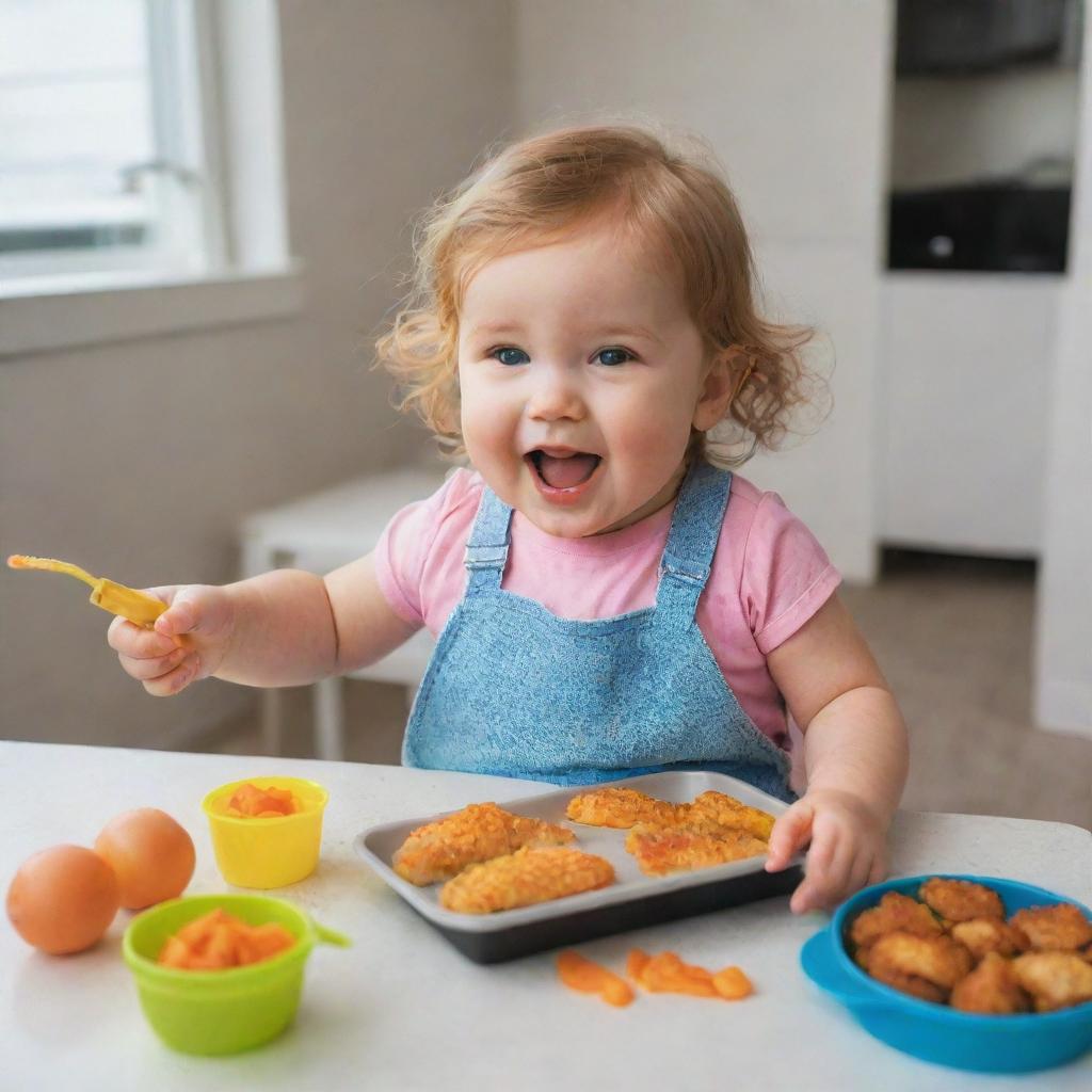 A cute, chubby two-year-old girl safely enjoying herself as she playfully pretends to fry a fish using a toy kitchen set.