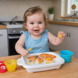 A cute, chubby two-year-old girl safely enjoying herself as she playfully pretends to fry a fish using a toy kitchen set.