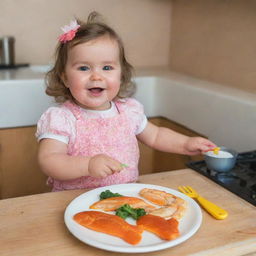 A cute, chubby two-year-old girl safely enjoying herself as she playfully pretends to fry a fish using a toy kitchen set.