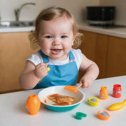 A cute, chubby two-year-old girl safely enjoying herself as she playfully pretends to fry a fish using a toy kitchen set.