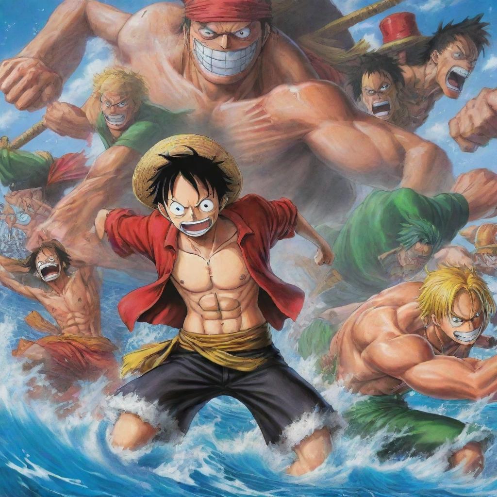 A vibrant, action-packed scene inspired by the anime One Piece, showcasing main characters like Luffy, Roronoa Zoro, and Nami.