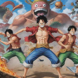 A vibrant, action-packed scene inspired by the anime One Piece, showcasing main characters like Luffy, Roronoa Zoro, and Nami.