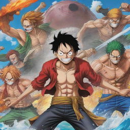 A vibrant, action-packed scene inspired by the anime One Piece, showcasing main characters like Luffy, Roronoa Zoro, and Nami.