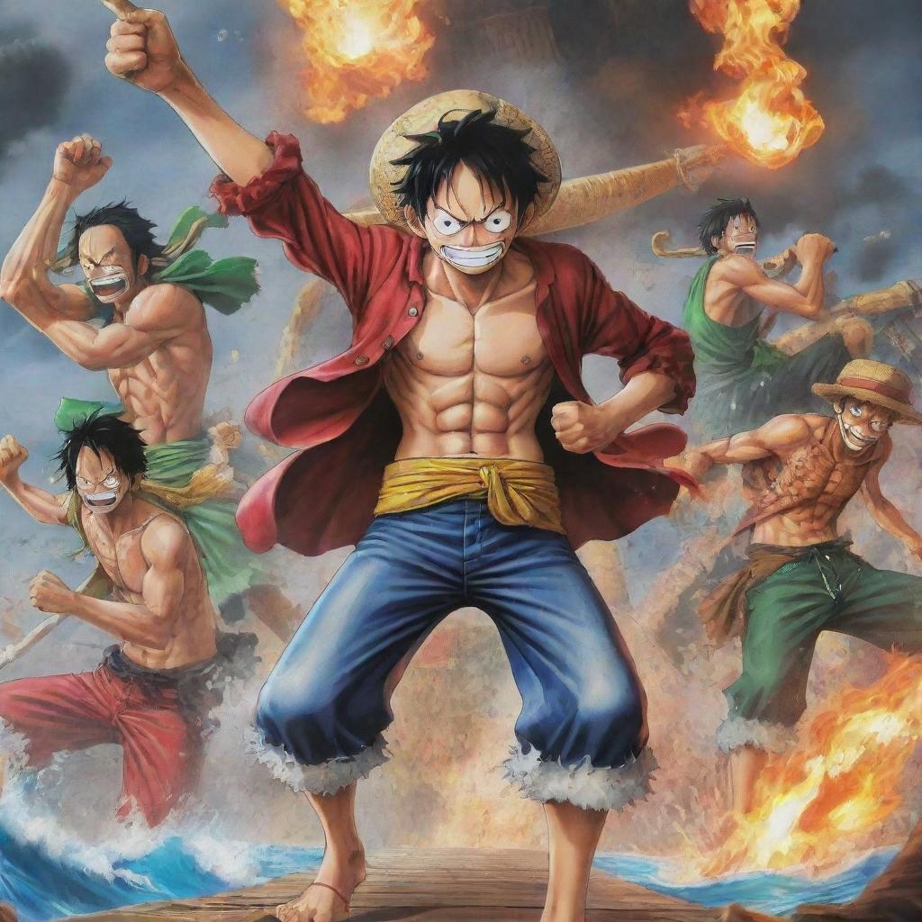 A vibrant, action-packed scene inspired by the anime One Piece, showcasing main characters like Luffy, Roronoa Zoro, and Nami.