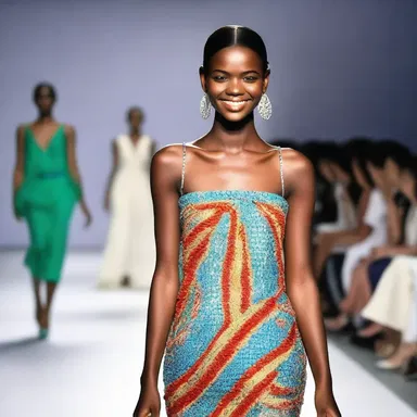 The runway model walked with a radiant smile, showcasing the designer's vibrant and dazzling collection.
