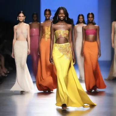The runway model walked with a radiant smile, showcasing the designer's vibrant and dazzling collection.